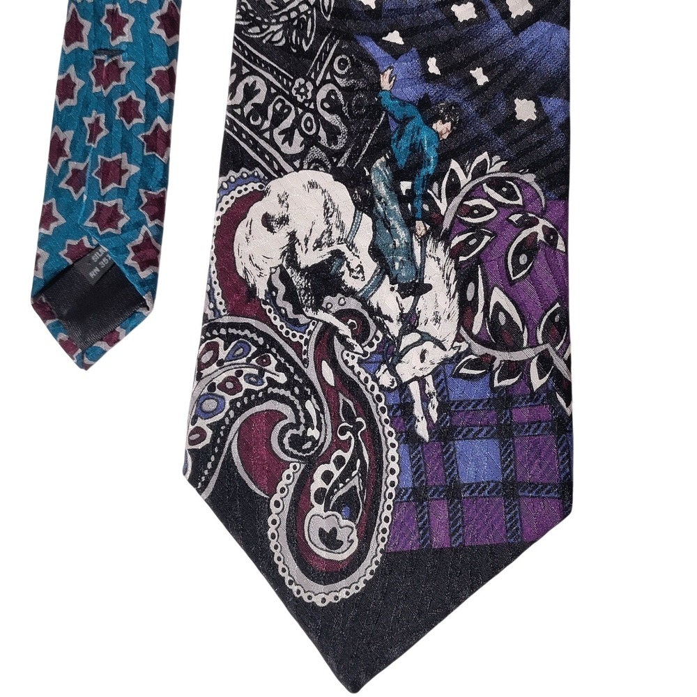 Rockmount Ranch Wear Mens Silk Tie Cowboy Bronco Paisley Plaid USA Purple Blue